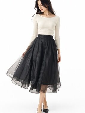 Vintage Black Sheer Overlay Midi Skirt High Waist A-Line XS 0-2